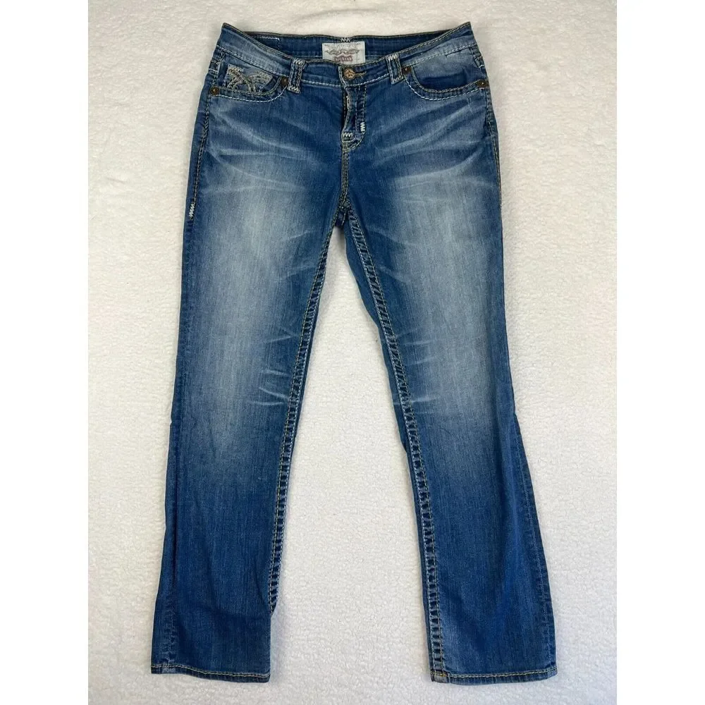 Big Star Women's Jeans 32R Bootcut Rhinestone Pocket‎ Distressed Denim Nina - Picture 2 of 16